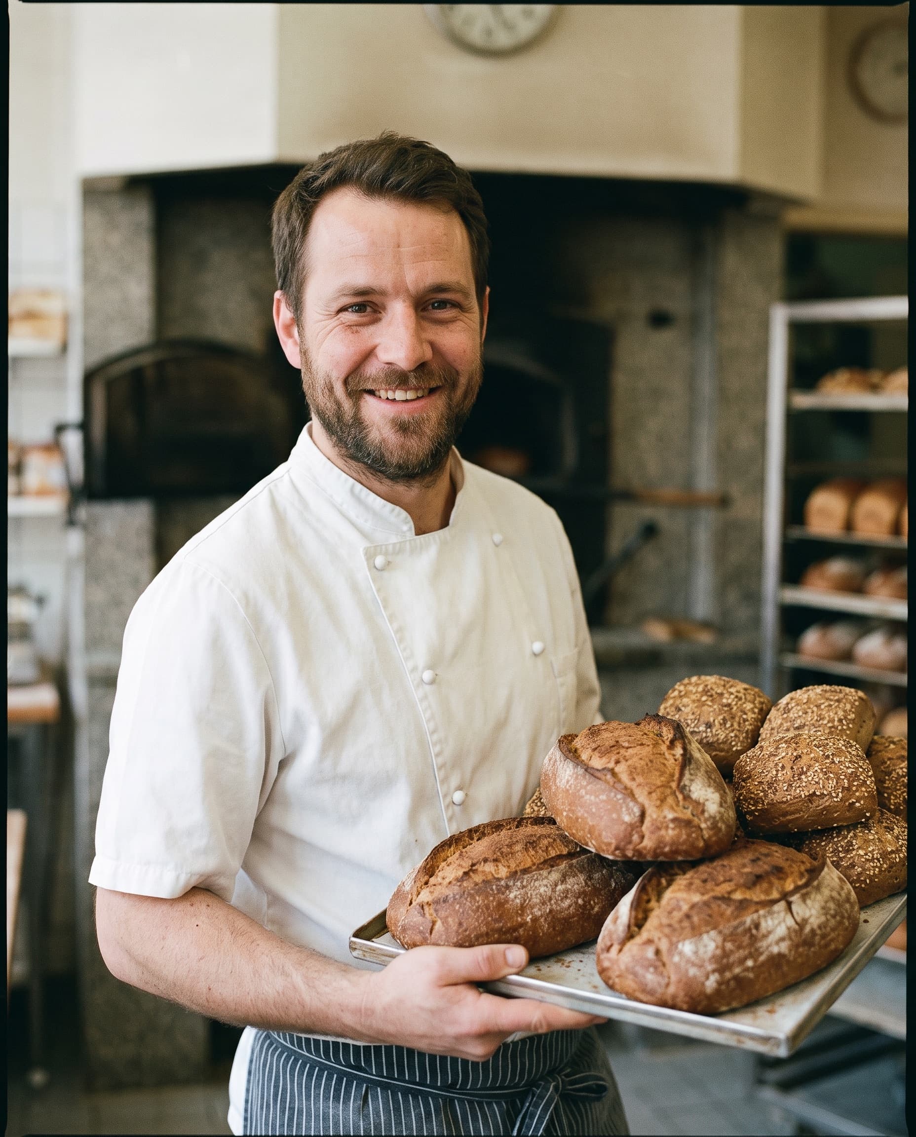 Bäcker mit frischem Brot in der Backstube