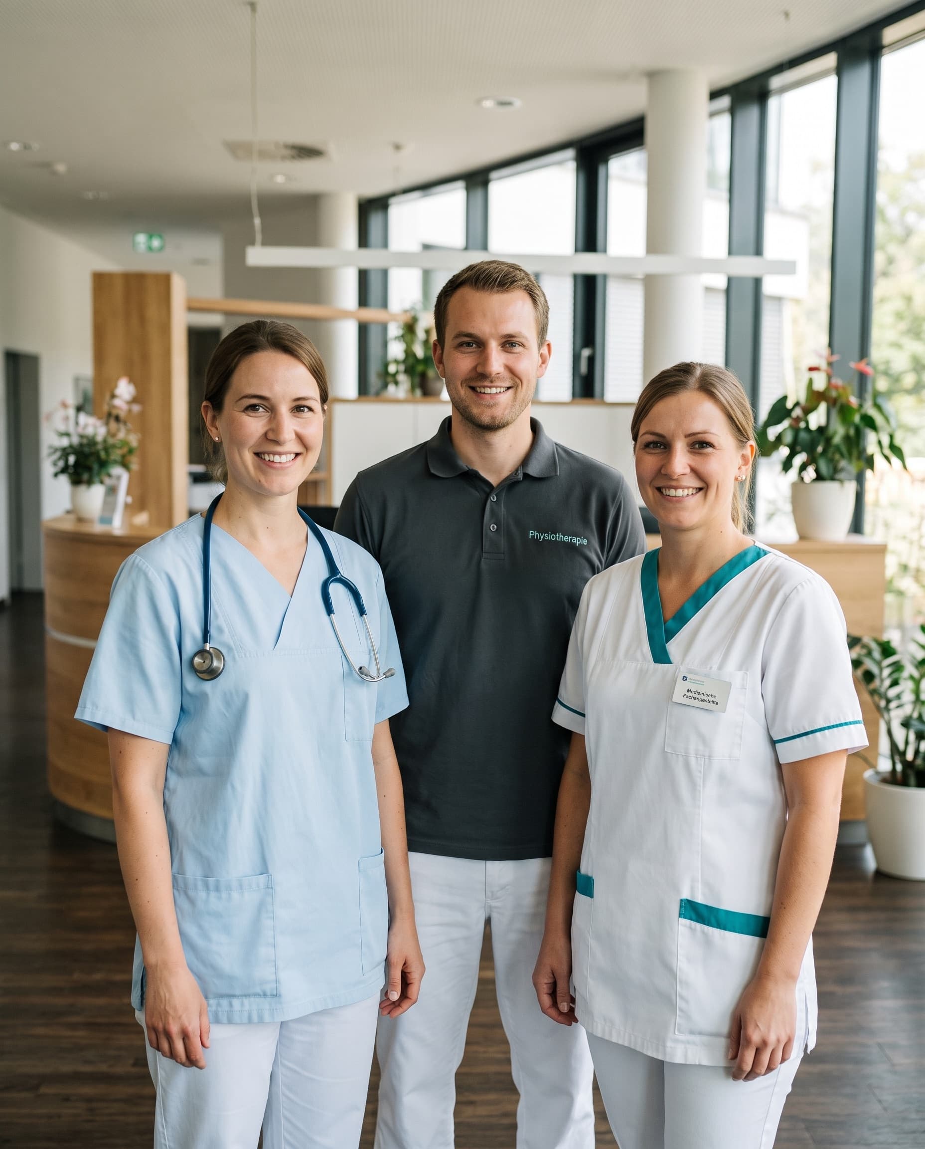 Drei Fachkräfte aus dem Gesundheitswesen nebeneinander: Pflegefachkraft, Physiotherapeut und Medizinische Fachangestellte