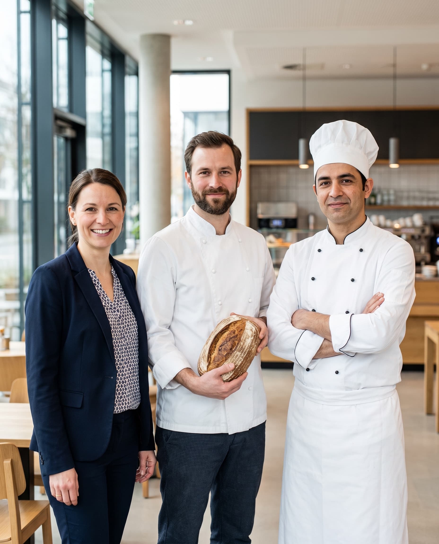 Fachkräfte aus Handel und Gastronomie nebeneinander: Verkäuferin, Bäcker und Koch
