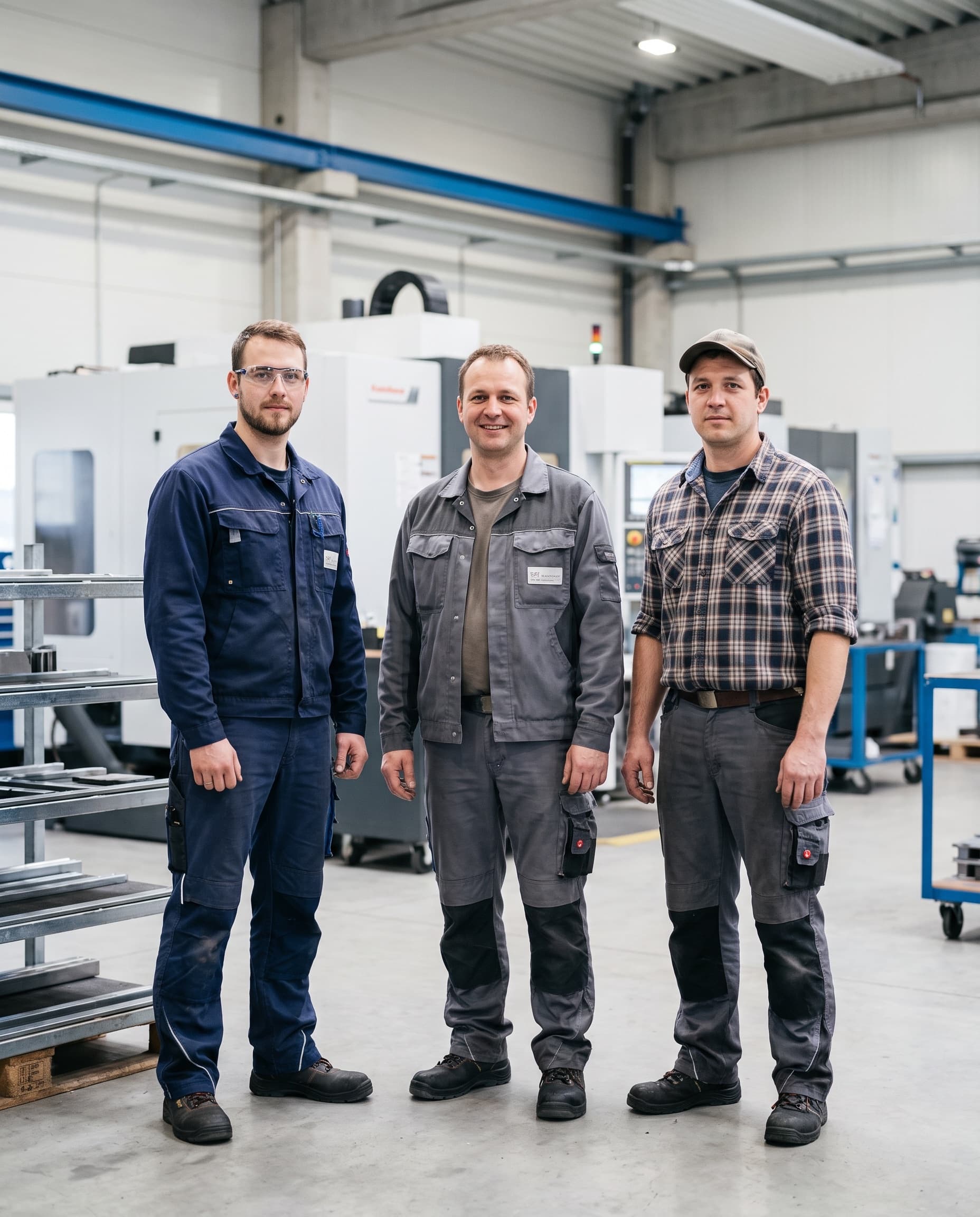 Fachkräfte aus Produktion und Industrie nebeneinander: Produktionsmitarbeiter, Maschinen- und Anlagenführer und Zerspanungsmechaniker