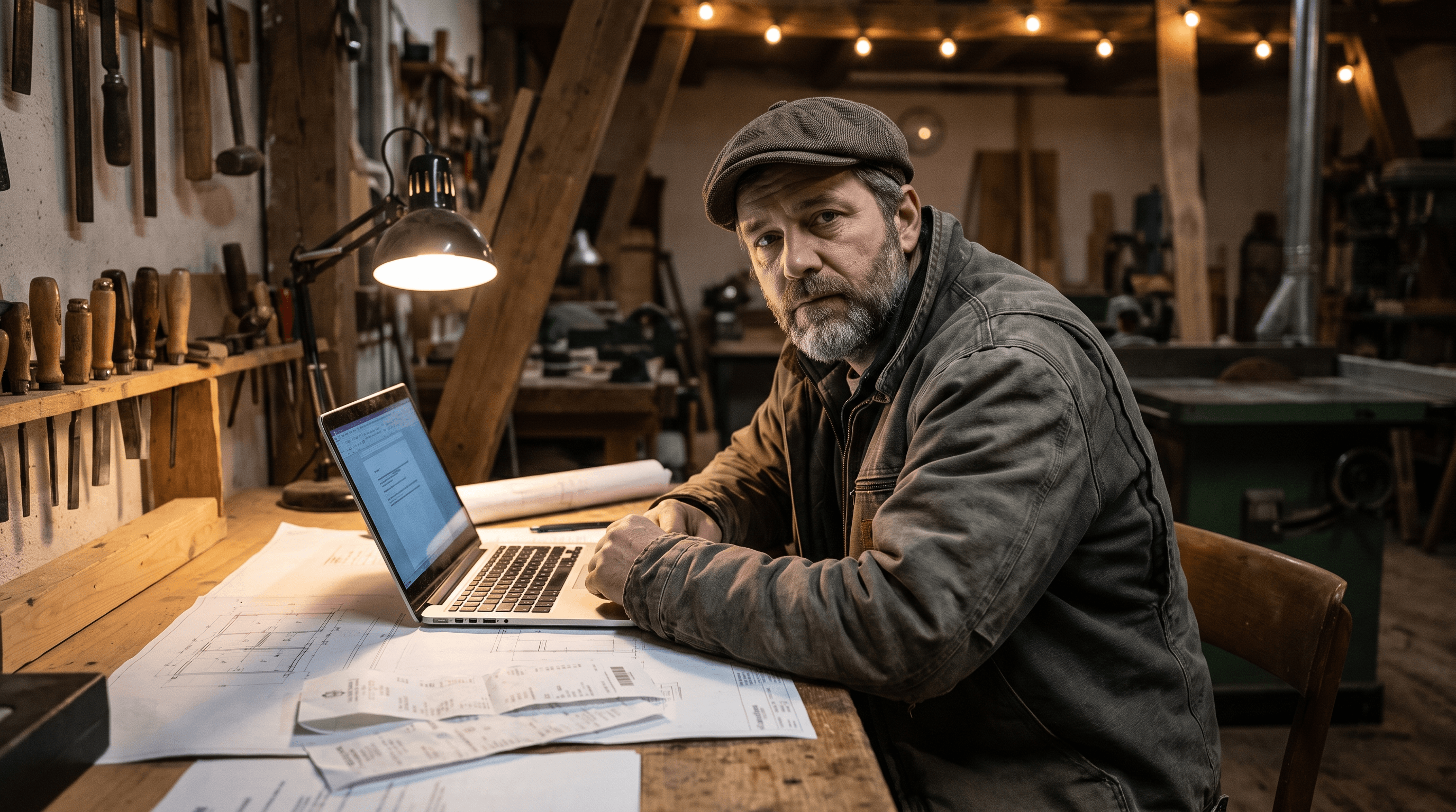 Handwerksmeister sitzt abends allein mit Bauplänen und Laptop in seiner Werkstatt