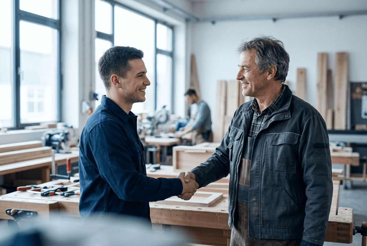 Handschlag zwischen Meister und neuem Mitarbeiter in der Werkstatt
