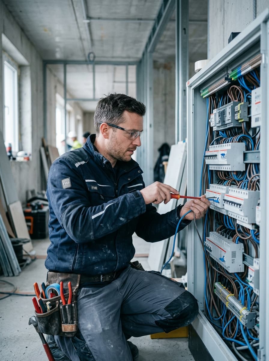 Elektriker bei der Arbeit an einer Installation auf der Baustelle