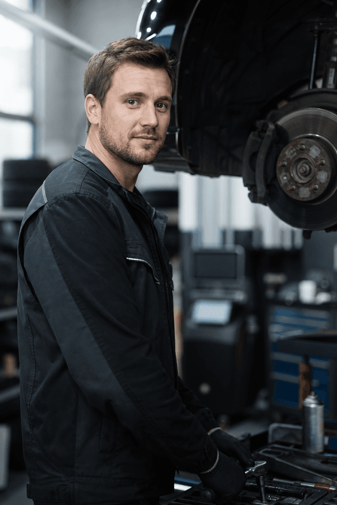 KFZ-Mechatroniker bei der Arbeit an einem Fahrzeug in der Werkstatt