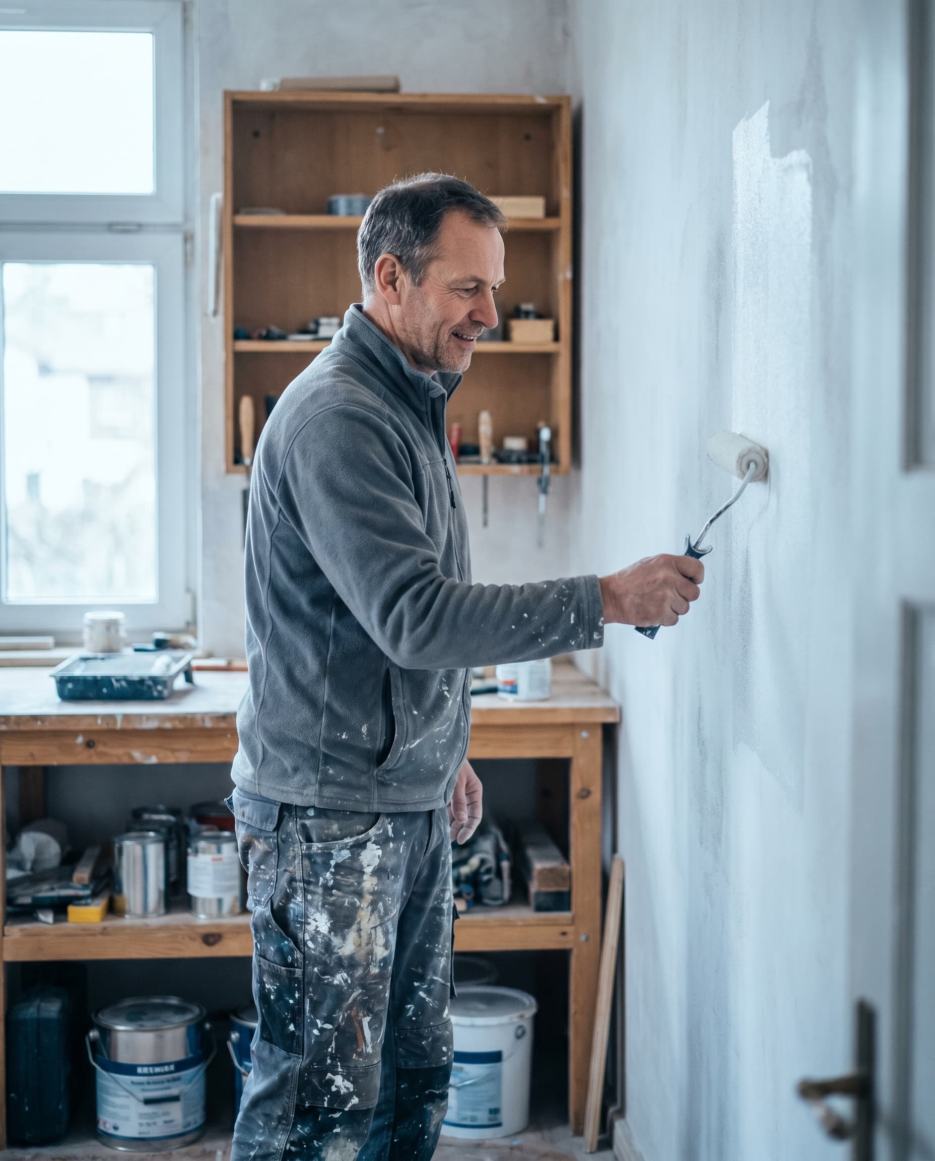 Maler streicht mit der Rolle eine Wand im Innenraum