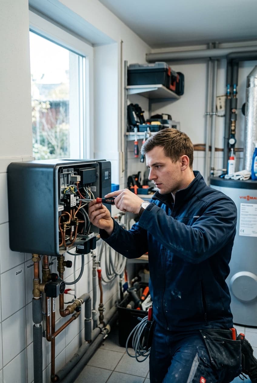 Anlagenmechaniker SHK bei der Montage einer Heizungsanlage