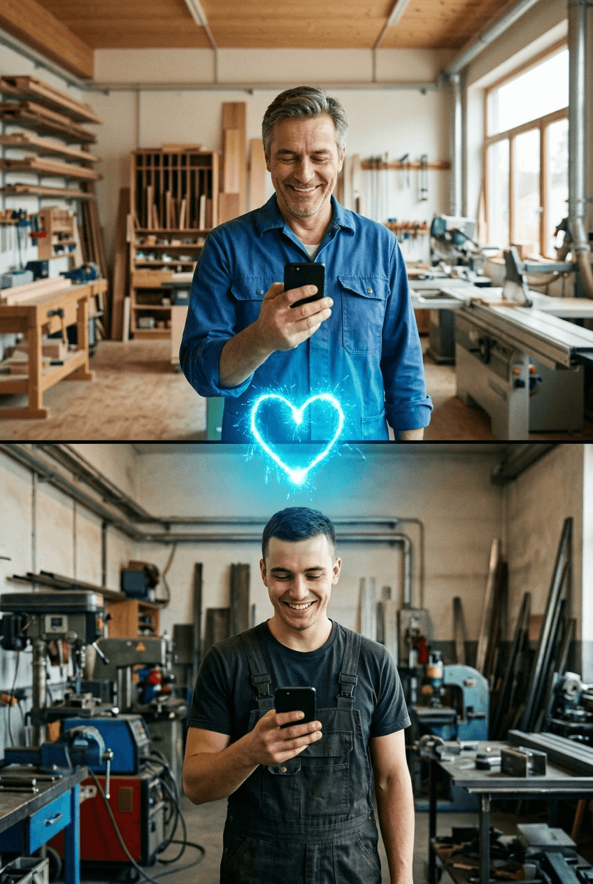 Betriebsinhaber und Fachkraft am Smartphone, dazwischen ein blaues Match-Herz: Recruiting wie beim Dating
