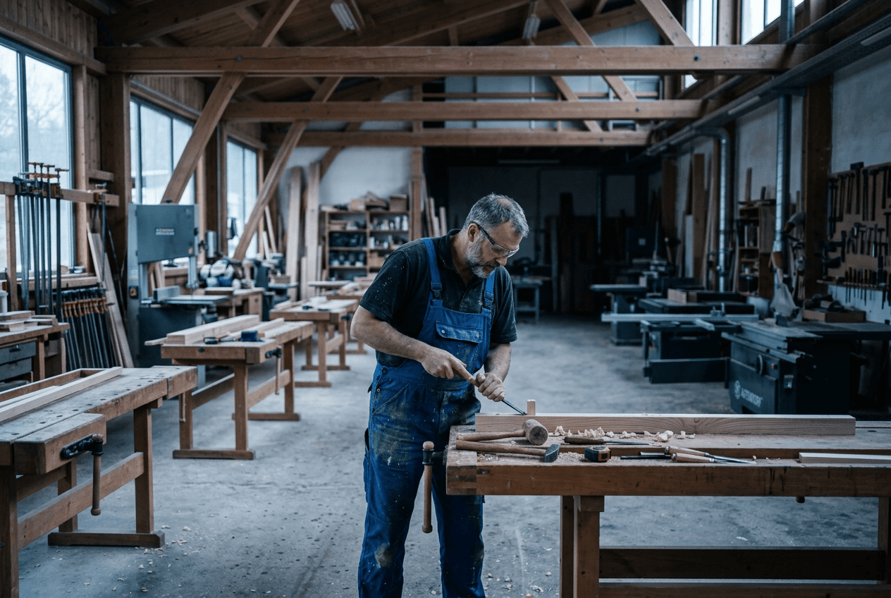 Große Handwerkswerkstatt mit mehreren leeren Arbeitsplätzen und stillstehenden Maschinen, Sinnbild für den Fachkräftemangel im Handwerk