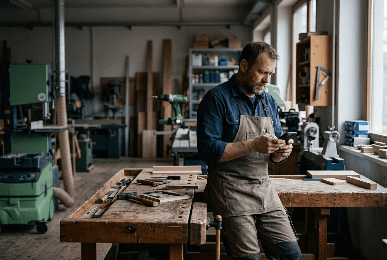 Aufgeräumte, aber leere Handwerker-Werkstatt mit leerem Hocker und ungenutzter Arbeitsjacke am Haken, Sinnbild für eine unbesetzte Stelle im Handwerk