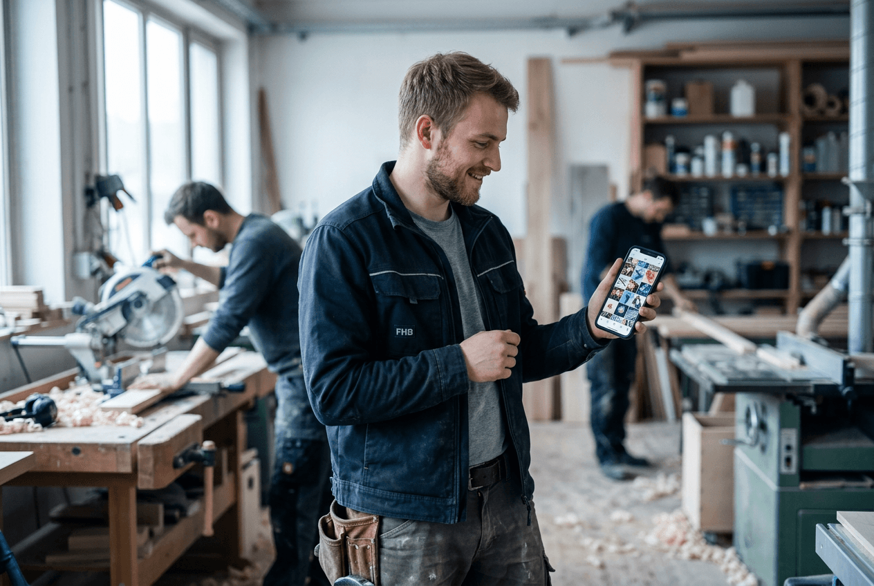 Smartphone mit Social-Media-Feed auf einer Handwerker-Werkbank, Sinnbild für Social Recruiting, das passive Fachkräfte auf Instagram und TikTok erreicht