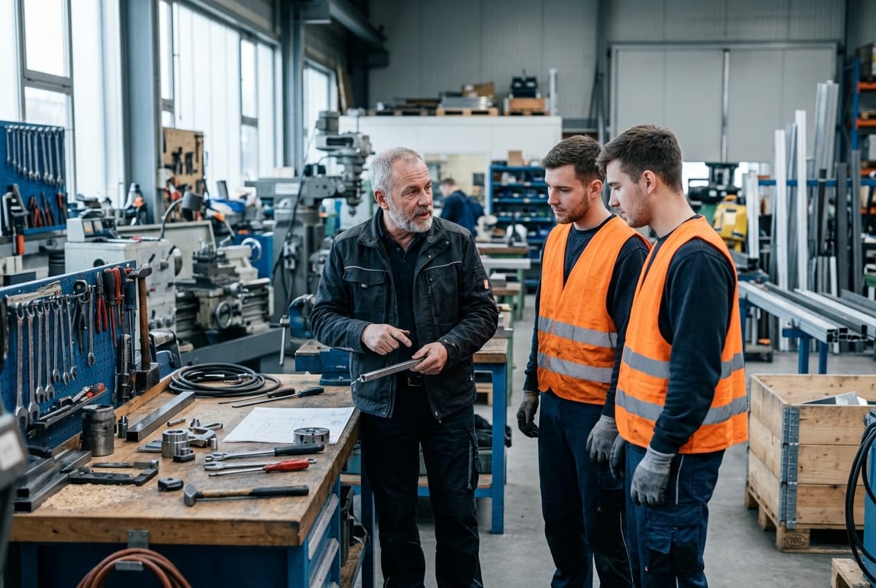 Meister weist zwei überlassene Arbeitskräfte in Warnwesten in einer Werkhalle ein