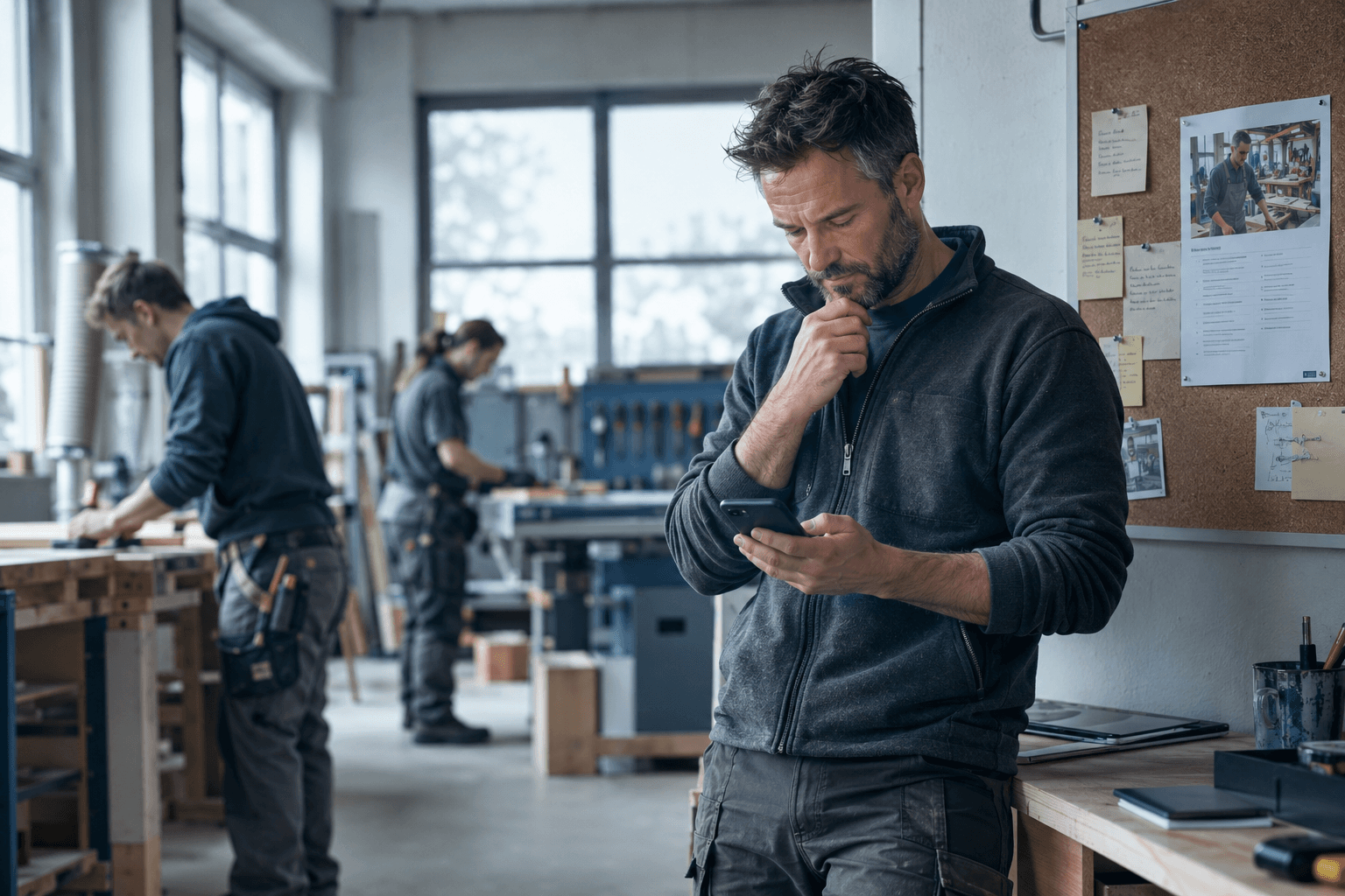 Handwerksmeister steht nachdenklich mit dem Smartphone in seiner Werkstatt, im Hintergrund arbeiten zwei Mitarbeiter an der Werkbank