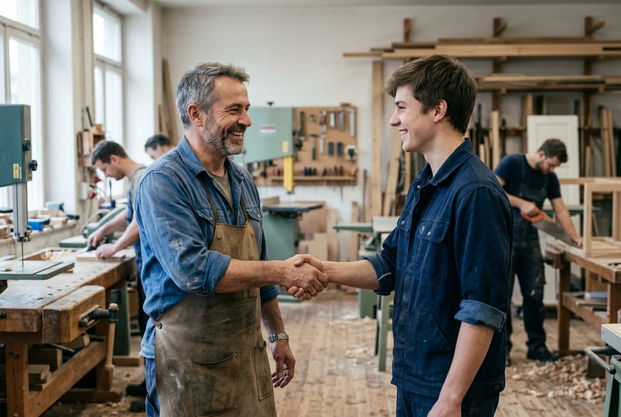 Handwerksmeister und Beraterin sitzen am Tisch und wählen einen Recruiting-Partner aus