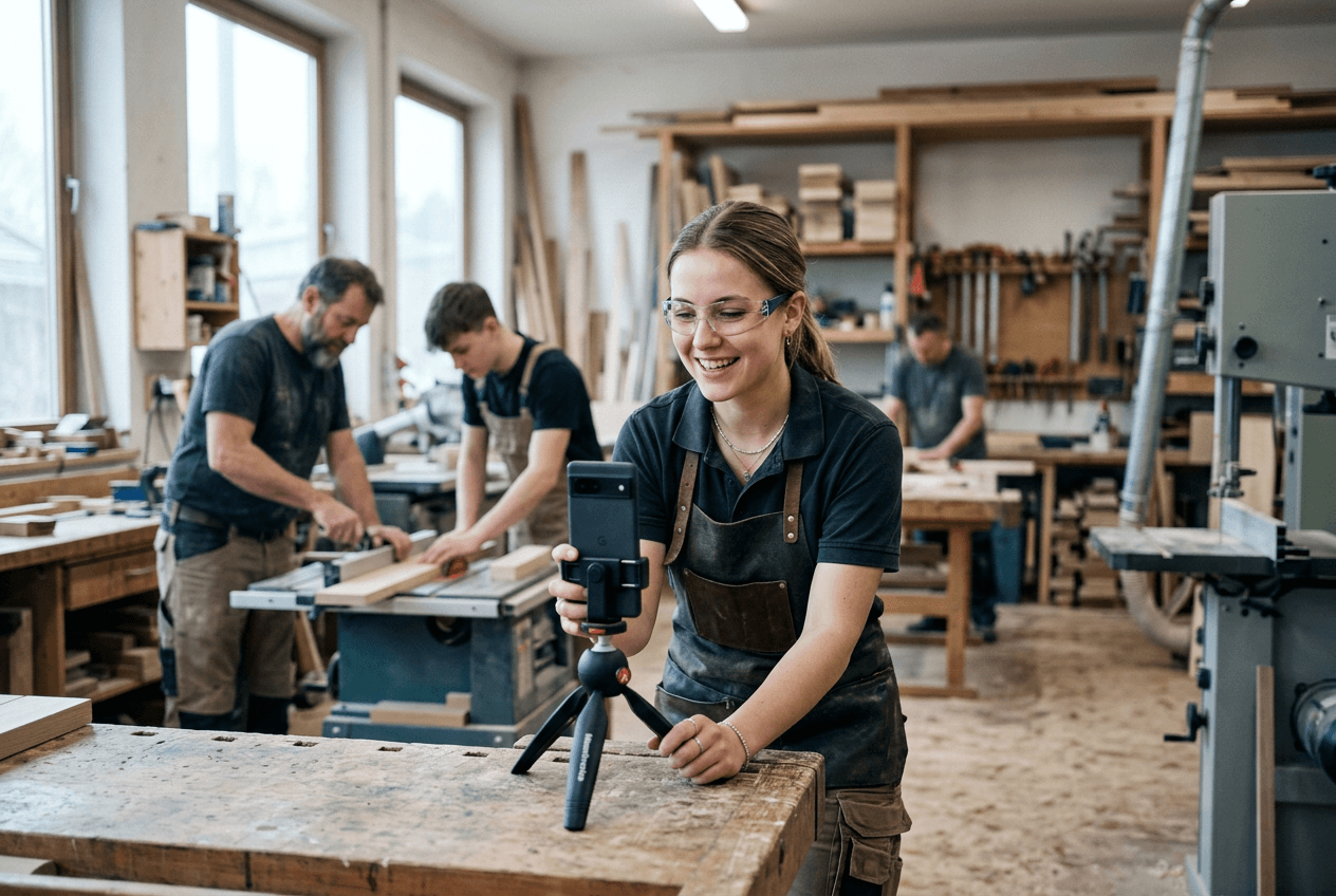 Qualifizierte Fachkraft in einer Tischlerei, im Hintergrund arbeitet das Team, Sinnbild für passgenaue Mitarbeitergewinnung