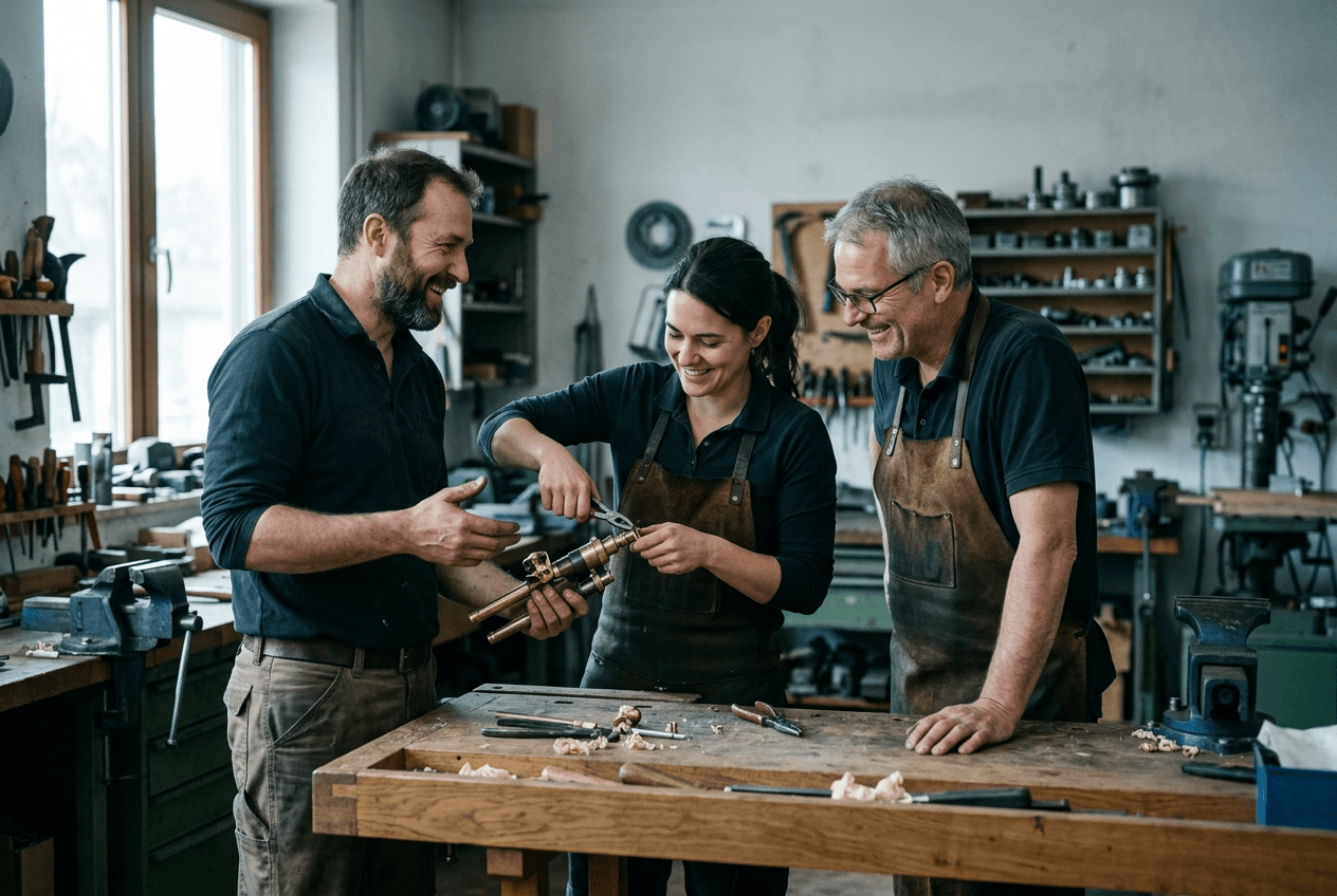 Eingespieltes Team von Handwerkern arbeitet zusammen in der Werkstatt, gute Stimmung, Sinnbild für eine starke Arbeitgebermarke