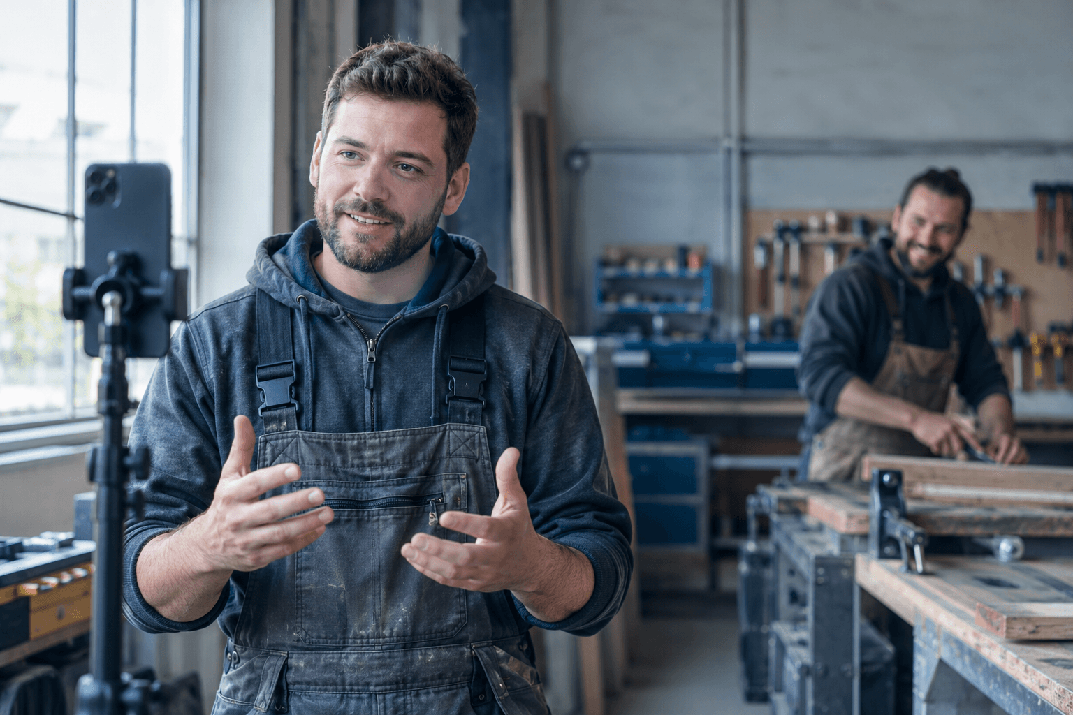 Handwerksmeister spricht in seiner Werkstatt in ein hochkant aufgestelltes Smartphone und dreht ein Recruiting-Video, im Hintergrund lacht ein Kollege an der Werkbank