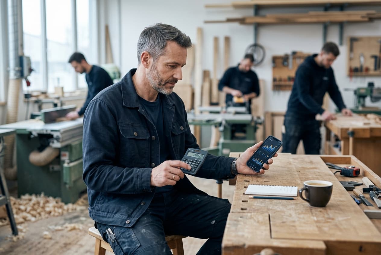 Handwerker kalkuliert an der Werkbank die Kosten einer Social-Recruiting-Kampagne mit Taschenrechner und Smartphone