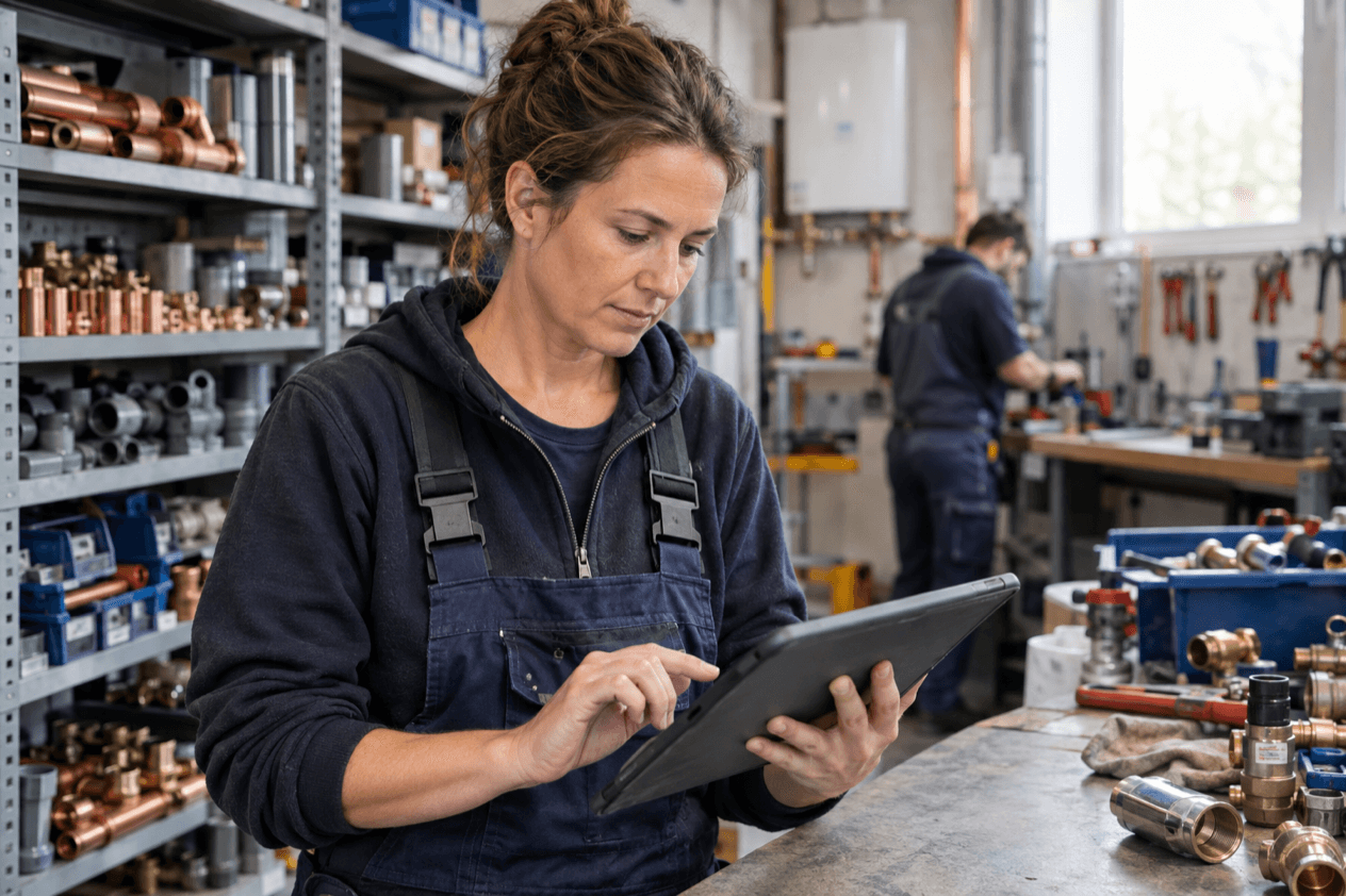Inhaberin eines SHK-Betriebs steht in ihrer Werkstatt zwischen Regalen mit Fittings und tippt eine Stellenanzeige in ein Tablet