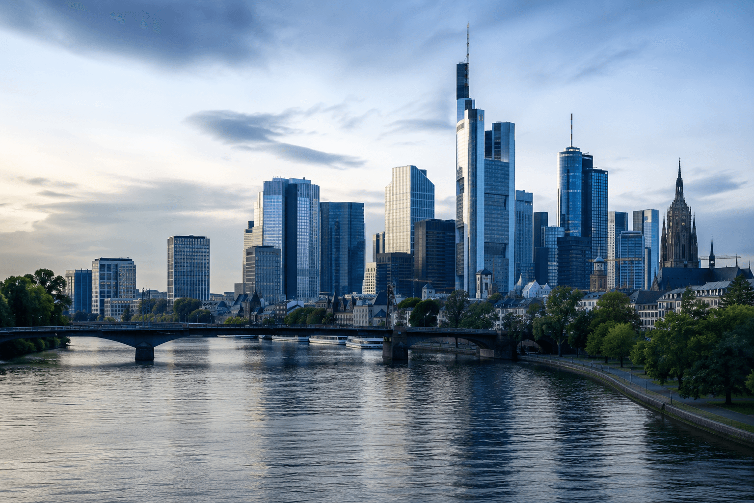 Frankfurter Skyline mit Hochhäusern und dem Main im Vordergrund
